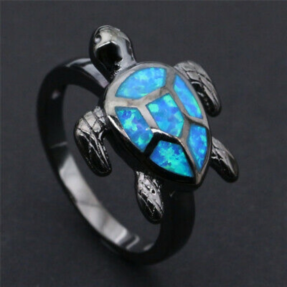 10kt Black Gold Blue Fire Opal Sea Turtle Ring - Picture 4 of 5